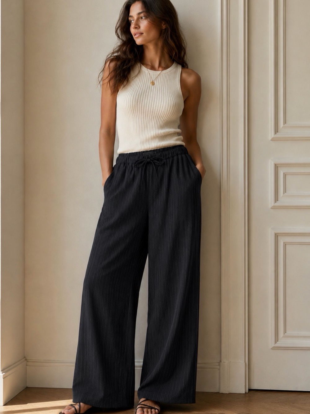 JW ANDERSON X Uniqlo 100% Cotton
Black Wide Leg Pinstripe Pants |
Size S